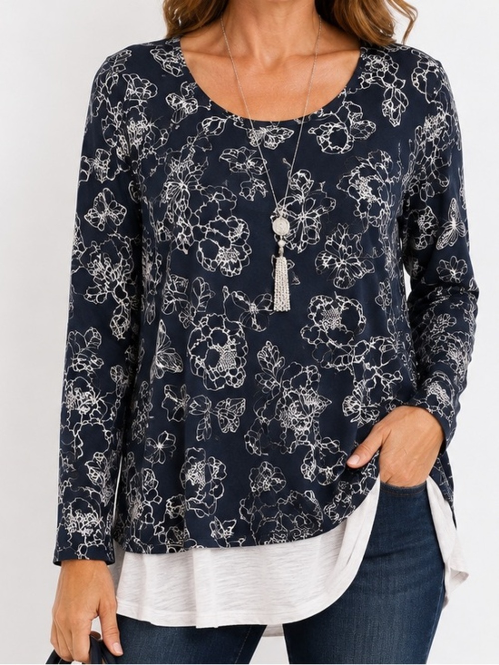 J. Jill Navy Floral Layered Tunic Top Medium Butterfly Print Long Sleeve